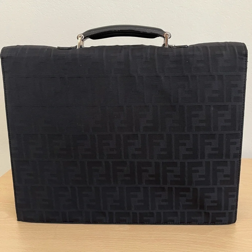 Rare FENDI Zucca Black Monogram Briefcase Unisex Canvas Leather EUC 1990s